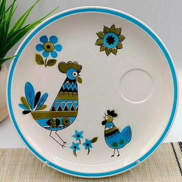 Last Ones! HP! 2 Blue Rooster & Chick Plates. MCM By Ceramic Guild, Vintage - Picture 2 of 6